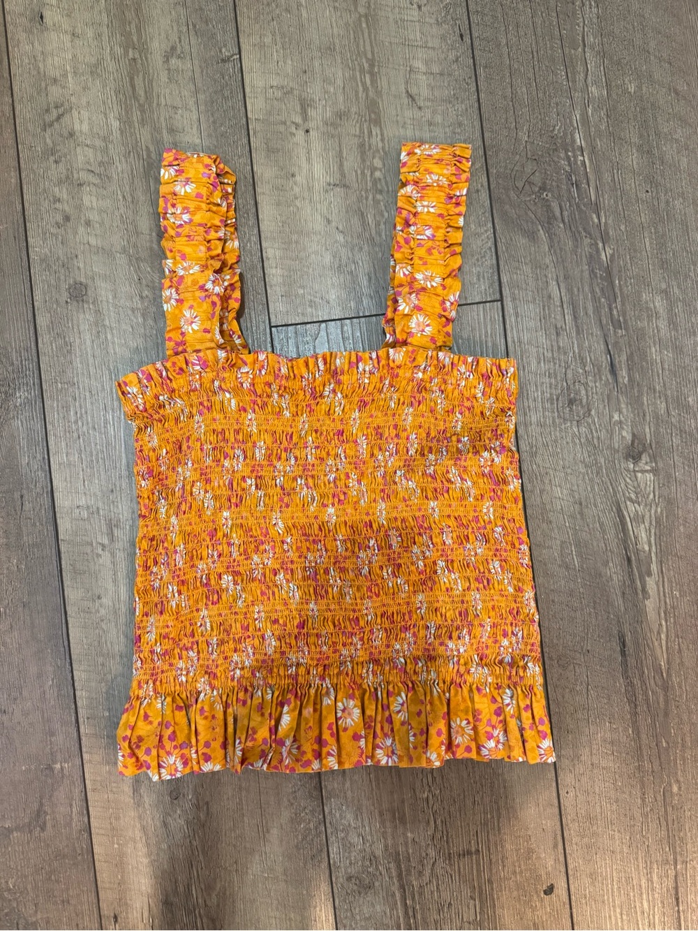 Wayf Yellow Orange Floral Smocked Crop Tank